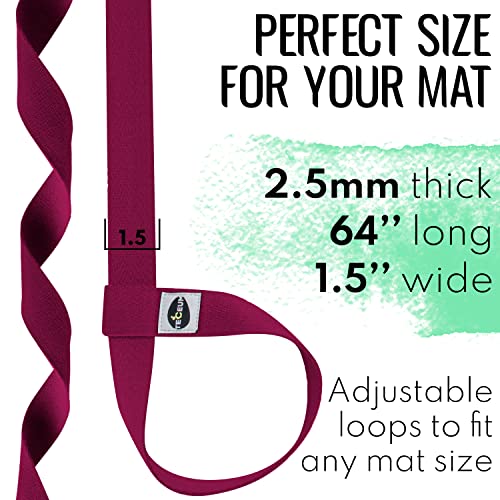 TECEUM Yoga Strap Bundle - Light Green Polypropylene 1' Stretching Strap & Deep Raspberry Cotton Blend 64 IN Yoga Mat Sling