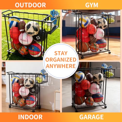 Multi-Sport Ball Storage Cart with Side Basket for Gloves & Tennis; Gravity-Access Elastic Straps for Kids; Rolling Garage Organizer Rack for Basketballs, Soccer & Yoga Mats - Multi-Athlete Families