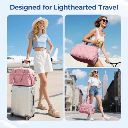 Women's Duffle Gym Bag, Carry-On Shoe Compartment for Weekender Overnight - color: Light pink, size: Medium