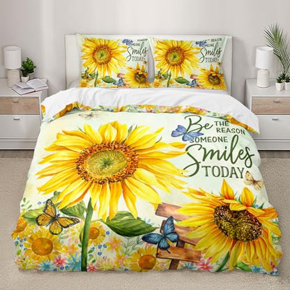 AILONEN Sunflower Duvet Cover Set Full Size,Garden Sunflowers Bedding Set,Yellow Flowers Comforter Cover Set,3 Pieces Butterfly Sunflower Duvet Cover Set, 1 Quilt Cover and 2 Pillowcases - color: Sunflower43, size: Full