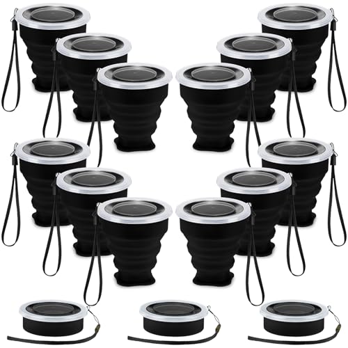 12 Pcs Silicone Collapsible Cup 7.04 oz Folding Camping Travel Collapsible Coffee Cup Portable Reusable Expandable Drinking with Lids for Outdoor Hiking - color: Balck