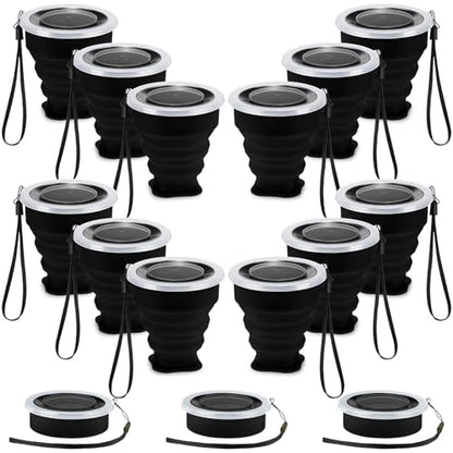 12 Pcs Silicone Collapsible Cup 7.04 oz Folding Camping Travel Collapsible Coffee Cup Portable Reusable Expandable Drinking with Lids for Outdoor Hiking - color: Balck