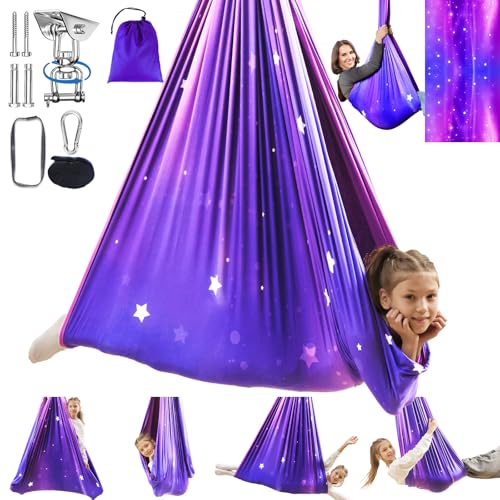 Sensory Swing for Kids Indoor & Outdoor Double Layer Therapy Cuddle Hammock Chair with 360 Swivel Hanger Kit Adjustable Swing for Child and Adult with Aspergers Autism ADHD (Galaxy Purple) - color: Purple