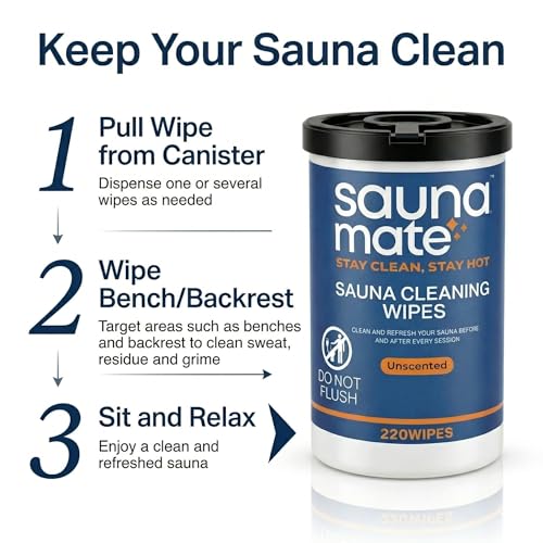 Sauna Cleaning Wipes, 220 Count, Unscented Disposable Sauna Wipes, Cleans Sweat, Oil & Grime Between Uses, For Sauna Benches & Backrests, Home, Gym & Commercial Use
