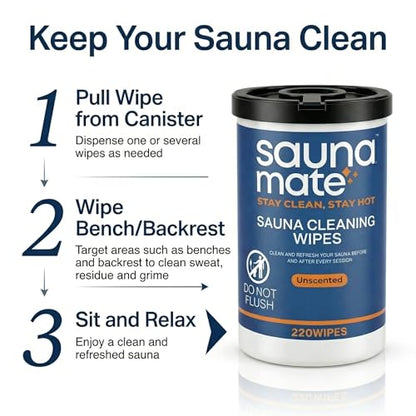 Sauna Cleaning Wipes, 220 Count, Unscented Disposable Sauna Wipes, Cleans Sweat, Oil & Grime Between Uses, For Sauna Benches & Backrests, Home, Gym & Commercial Use