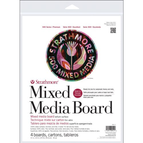 Strathmore 500 Series Mixed Media Board, 52 pt. Vellum Surface, 11 X 14 inches, Package of 4 (564-11) - size: 11 x 14 inches, style: Board