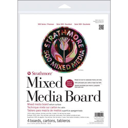 Strathmore 500 Series Mixed Media Board, 52 pt. Vellum Surface, 11 X 14 inches, Package of 4 (564-11) - size: 11 x 14 inches, style: Board