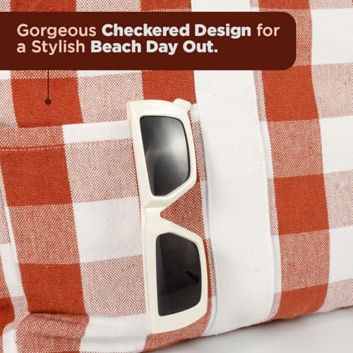 Folkulture Beach Tote Bags For Women, Beach Must Haves 2026-18x15 Inch | Waterproof,Sandproof, Large Tote Bags for Women, Swimming Pool, Beach Essentials, Simple Modern Pool Bag, Bolsos Para Mujeres - color: Rust - Checkered