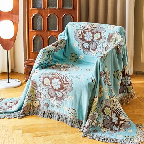 VANJOROY King Boho Throw Blanket 91" x 98", 100% Organic Cotton Breathable Skin-Friendly Ultra Soft Bed Quilt Blue Throw - Floral Rustic Decor Luxury Reversible Blanket for Sofa Couch Chair and Gift - color: Boho-flower-j, size: King (91" X 98")
