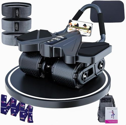 Ab Roller Home Gym Equipment – 4 Wheels Ab Wheel Muscle Roller with Automatic Rebound, Yoga Stretching Strap, 3 Resistance Bands – Comfortable Elbow Support with Non-Slip Handles – Built-in Workout Tracker - color: Newer Black + 3 Bands + 1 Strap