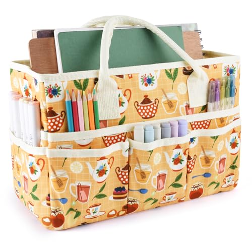 Craft Organizer Tote Bag with Multiple Pockets,Scrapbooking Art Storage | Portable Travel Containers for Caddy,Art and Craft Sewing Bag,Daily Use and Office Supplies Storage.Yellow Teapot - color: Yellow Teapot