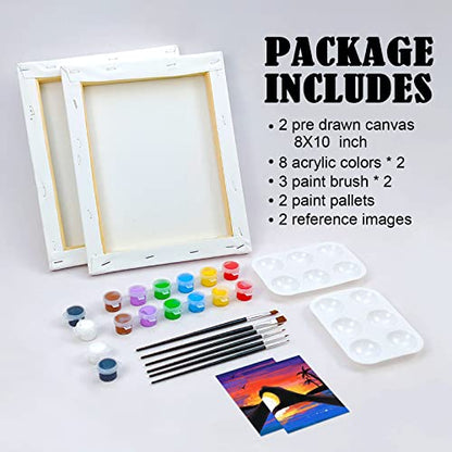 VOCHIC Sip and Paint Kit,Pre Drawn Canvas Couples Paint Party Kit Painting Art Set for Adults Date Night Sunset Heart 2 Pack (8 x 10 Inches) - size: 8x10, style: Sunset Heart