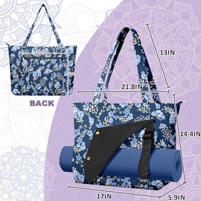 Yoga Bag for Women, Large Canvas Yoga Mat Tote Bag with Yoga Mat Carrier | Large Mat Pocket Fitness Tote for Pilates, Gym, Travel, Office & Beach - color: Blue Flower