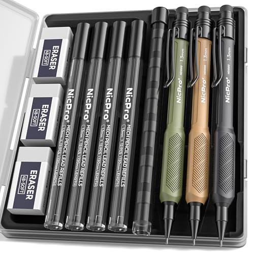 Nicpro 1.3 mm Mechanical Pencils Set 3 Colors, HD1000 1.3 Lead Pencil, 3Pcs | 51 Refill, 3 Eraser -Weatherproof Barrel Pencil, Heavy Duty Carpenter Pencil for Outdoor Marking Drafting Drawing Woodworking - color: Black,Green,Brown, size: 3 Pack