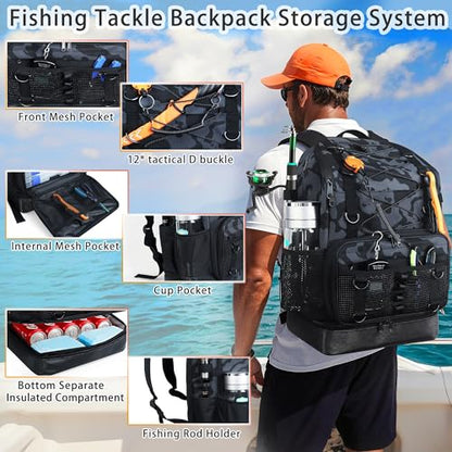 Fishing Backpack with Rod Holder, Heavy Duty Fishing Bag with Waterproof Bottom, Tackle Backpack Gifts for Man Woman-Black Camo - color: Black Camo