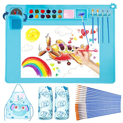 Painting Stations,Silicone Art Mat [1x Apron,1 Pair Oversleeve,20 Pieces Brushes] Painting Craft Mats 21"X17" with Detachable Cup for Resin for Kids Gift,Paint, Clay, DIY Projects - color: Blue