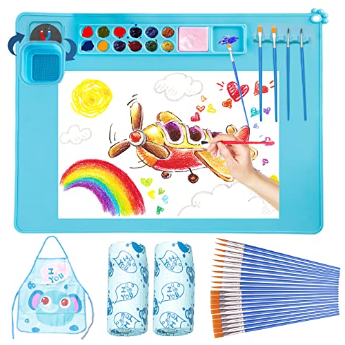 Painting Stations,Silicone Art Mat [1x Apron,1 Pair Oversleeve,20 Pieces Brushes] Painting Craft Mats 21"X17" with Detachable Cup for Resin for Kids Gift,Paint, Clay, DIY Projects - color: Blue