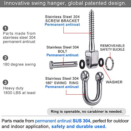 BeneLabel Set of 2 Permanent Antirust Stainless Steel 304 Screw Bracket Heavy Duty Swing Hanger 1800LB Capacity, Indoor Outdoor Playground Yoga Hammock Chair, Hardware Swing Sets