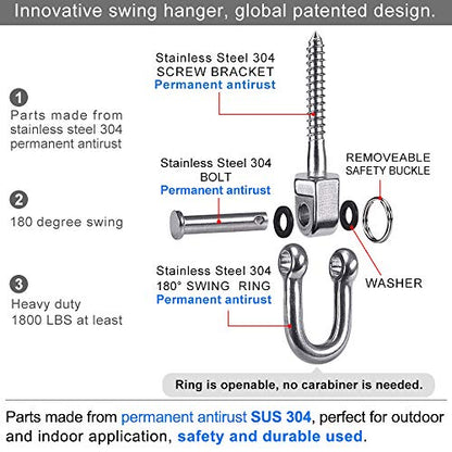 BeneLabel Set of 2 Permanent Antirust Stainless Steel 304 Screw Bracket Heavy Duty Swing Hanger 1800LB Capacity, Indoor Outdoor Playground Yoga Hammock Chair, Hardware Swing Sets