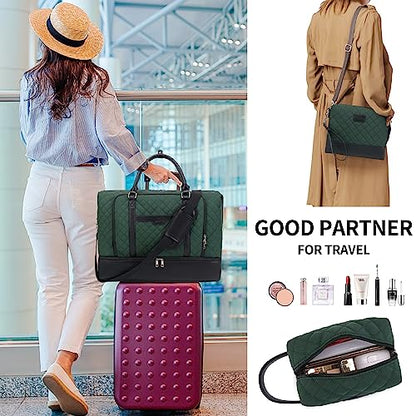 Weekender Bag, Large Travel Duffel Bag for Women, Carry on Overnight Bag with Shoe Compartment and Toiletry Bags - color: B-Dark-Green