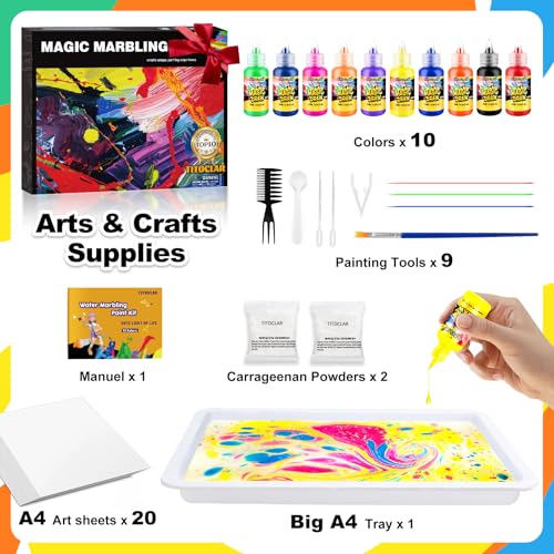 Water Marbling Paint Kit, DIY Arts and Crafts Kit for Girls & Boys 4-8 6-12, Creative Art Supplies, Birthday Gifts for Kids Ages 3+ - color: Yellow Green Blue Pink Red Purple