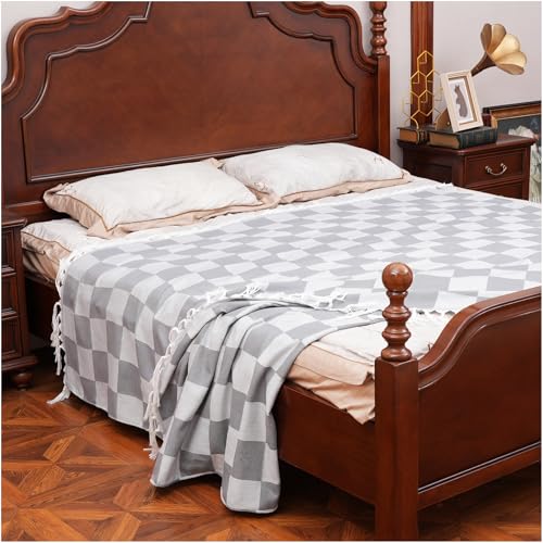 Breathable Bedspread Woven Blanket Extra Large Lightweight Soft Cooling Hot Sleeper Throw Tween Queen Full Size Quilt Thin Comforter Summer Ice Cold Sheet Bed Decor Bedroom Decorative Checkered Grey - color: Checked Grey, size: Giant Large 82'' x 90''