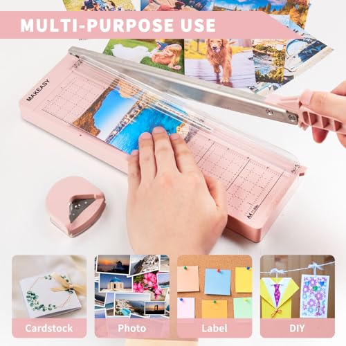 MAKEASY Paper Cutter 12 Inch, Guillotine Paper Cutter with 8 Sheet Capacity, Heavy Duty Paper Cutter for Cardstock, Paper Trimmer for Crafting, Classroom and Office, Pink - color: Pink