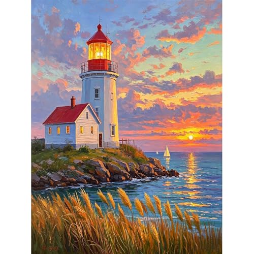 Seaside Lighthouse 5D Diamond Art Kit for Adults Full Drill Canvas | 12x16 inch canvas, complete tool set, DIY wall art, relaxing craft, seaside lighthouse scene - color: QD153