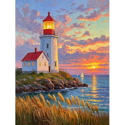 Seaside Lighthouse 5D Diamond Art Kit for Adults Full Drill Canvas | 12x16 inch canvas, complete tool set, DIY wall art, relaxing craft, seaside lighthouse scene - color: QD153