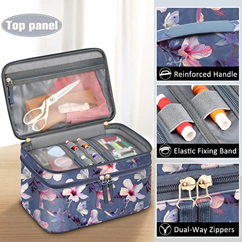 FINPAC Double-Layer Sewing Accessories Storage and Organizer Case Bag | Sewing Kits Carrying Bag with Wrist Pin Cushion for Threads, Needles, Embroidery Floss, Felting Kits, Blooming Hibiscus - color: Blooming Hibiscus
