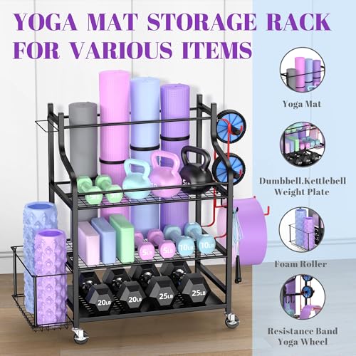 Mythinglogic 4-Tier Rolling Cart with 360° Wheels, Yoga Mat Storage Racks for Home, Gym Rack for Dumbbells Kettlebells Foam Roller, Yoga Strap and Resistance Bands, Workout Equipment