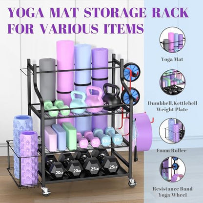 Mythinglogic 4-Tier Rolling Cart with 360° Wheels, Yoga Mat Storage Racks for Home, Gym Rack for Dumbbells Kettlebells Foam Roller, Yoga Strap and Resistance Bands, Workout Equipment