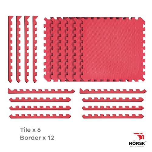 Norsk Dual-Sided Reversible 1/2" Foam Exercise Mats for Home Gym - Interlocking EVA Foam Tiles - color: Red / Black, size: 6 Tiles - 24 Sq. Ft.