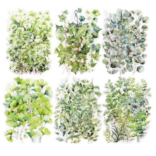 120 Pcs Botanical Leaf Stickers for Scrapbooking and Journaling | PET material with eucalyptus, ivy, ginkgo and fern designs for junk journals, planners, collage, card making and DIY crafts - color: Leaf Whisper