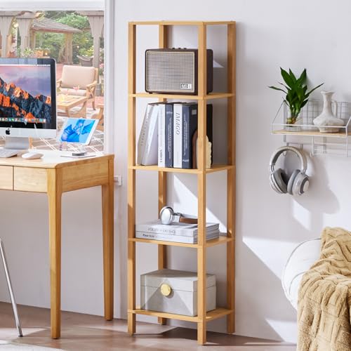 YUFAM 5 Tier Tall Narrow Bookshelf, Skinny Bookcase, Wooden Shelf, Natural - color: Natural, size: 5-Tier