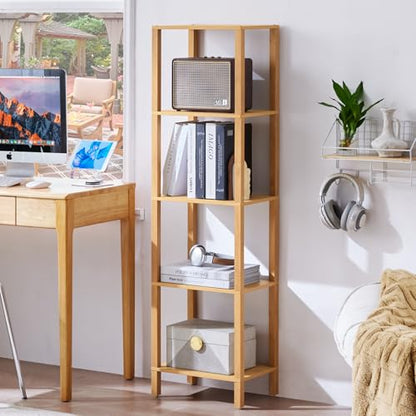 YUFAM 5 Tier Tall Narrow Bookshelf, Skinny Bookcase, Wooden Shelf, Natural - color: Natural, size: 5-Tier