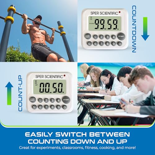 Sper Scientific Digital Count Up/Down Timer with Audible & Visual Alarm 810003 – Timer with Large Display, Loud Alarm & Up to 99 Minute Countdown - for Labs, Cooking, Workouts, Classroom & more - 2 pc - size: 2 Pack