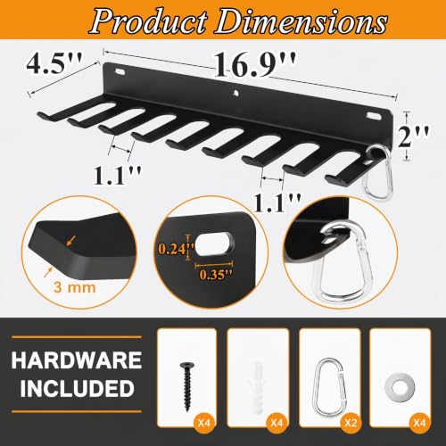 Tebery 9 Hook Home Gym Storage Rack Wall Mount, Fitness Equipment Organizer, Metal Gym Accessory Hanger for Exercise Bands, Jump Ropes, Barbells, Lifting Belts - size: 16.9''L x 4.5''W x 2''H