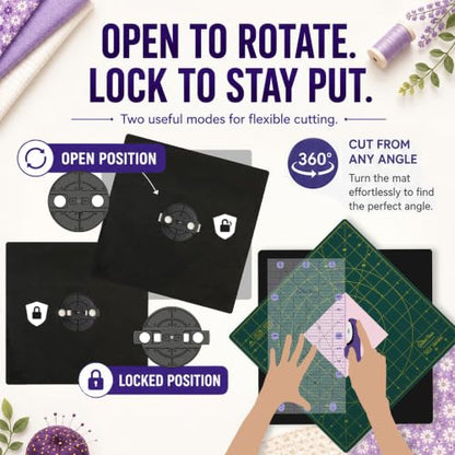 The Quilted Bear 12" x 12" Rotating Self-Healing Cutting Mat, Green | Square Mat, 360° Rotation, Locking Mechanism, 5-Layer Surface, Non-Slip Base, Clear Inch Grid & Angle Guides for Quilting - color: Green, size: 12"L x 12"W