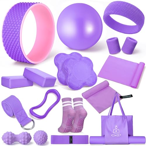 Gemscream 17 Pcs Yoga Essential Kit for Women, Pilates Equipment Starter Set for Beginners with Yoga Wheel Ball Blocks Strap Resistance Bands Wrist Rings Socks Towel & Carry Bag for Home Workouts - color: Purple