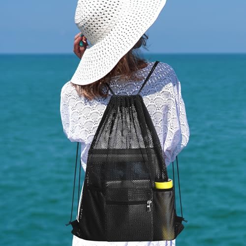 NATURAL STYLE Mesh Drawstring Backpack Bag, Gym Sports Bag with Zipper Pocket Bottle Holder, String Beach Bag for Swiming Travel (Black) - color: Black