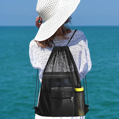NATURAL STYLE Mesh Drawstring Backpack Bag, Gym Sports Bag with Zipper Pocket Bottle Holder, String Beach Bag for Swiming Travel (Black) - color: Black