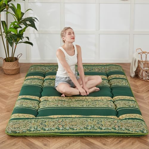Zelladorra Japanese Floor Mattress, Futon Mattress | Roll Up Tatami Mat with Portable Storage Bag and Washable Cover, Suitable for Camping, Guest Room, Bohemian Green - color: Bohemian Green ( 4"th + Dust Cover ）, size: Twin (80"L x 39"W)