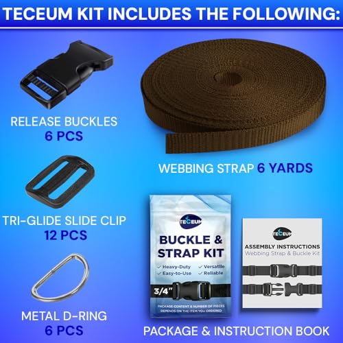 TECEUM 3/4" Nylon Strap Kit with Buckles, Brown 6 yards Repair Set | Heavy duty hardware kit: 6yd webbing, 6 quick release buckles, 12 tri-glide slide clips, 6 metal D-rings for crafting. - color: Brown, size: 3/4" - 6 yards, style: 6 Buckle - 12 Slides -