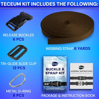 TECEUM 3/4" Nylon Strap Kit with Buckles, Brown 6 yards Repair Set | Heavy duty hardware kit: 6yd webbing, 6 quick release buckles, 12 tri-glide slide clips, 6 metal D-rings for crafting. - color: Brown, size: 3/4" - 6 yards, style: 6 Buckle - 12 Slides -