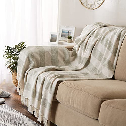 DII Rustic Farmhouse Cotton Cabana Striped Blanket Throw with Fringe, 50 x 60 - Cabana Striped Artichoke - color: Artichoke