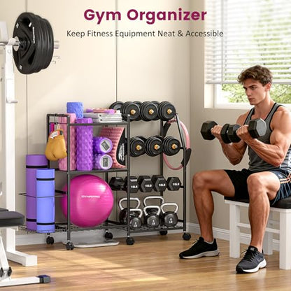 Dumbbell Rack, Weight Rack for Home Gym, Yoga Mat Storage Rack, Exercise Equipment Storage with Wheels and Hooks, Home Gym Equipment Organizer for Kettlebells - size: Standard