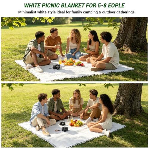 Boho Cotton Picnic Blanket, White 90×97 Inch Woven Outdoor Grass Mat | Machine Washable for Effortless Cleanup. Lightweight Foldable Design, Spacious Enough for Group Outdoor and Indoor Activities - color: White, size: 8'1" x 7'6"