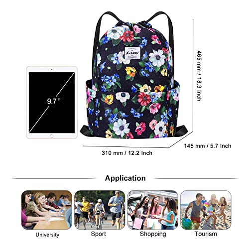 XEYOU Drawstring Backpack Bag Sport Gym Sackpack Beach Cinch Bag | Lightweight Swimming Bag, Water-Resistant Fabric, Travel Daypack for Women and Men - color: Colorful Flowers