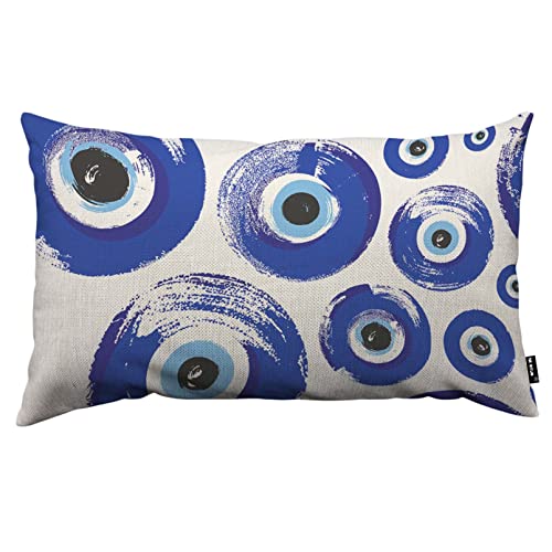 TKS MITLAN Round Turkish Eye Pillow Covers 12 x 20 Inch Blue Turkish Fatima's Eye Ymbol of Protection Turkey Decorative Throw Pillow Covers Linen Cushion Case for Sofa Couch - color: Round Turkish Eye, size: 20" x 12" (Pack of 1)